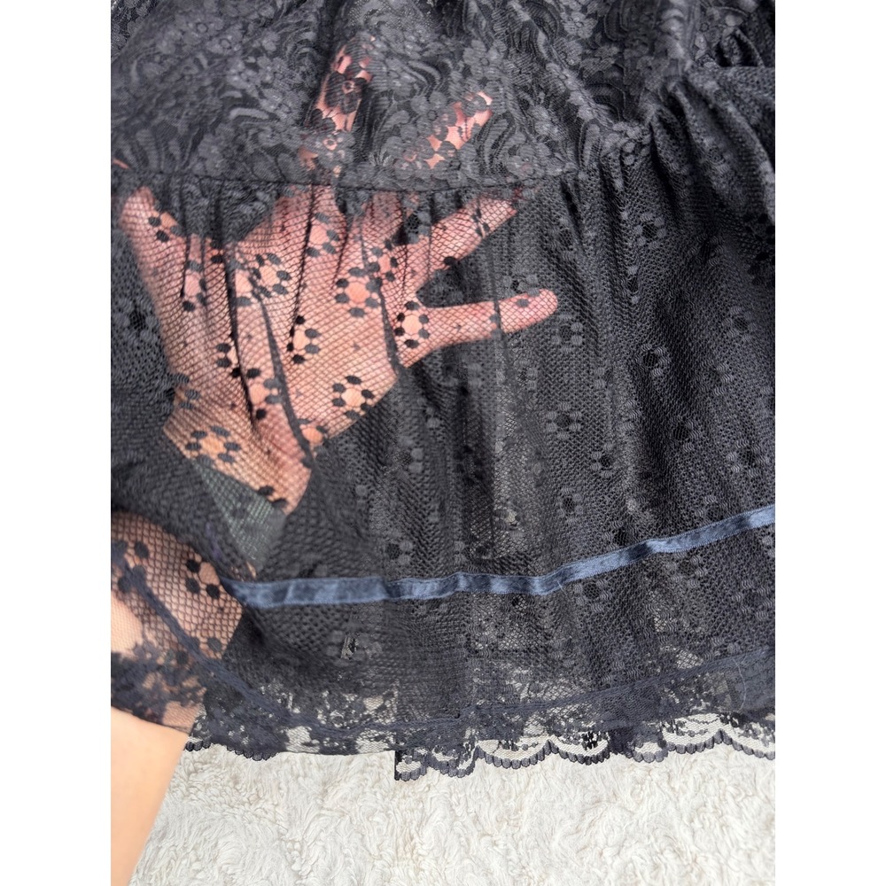 Vintage Black Sheer Patchwork Lace Tiered Midi Skirt Scalloped Hem Paris France - Picture 10 of 11